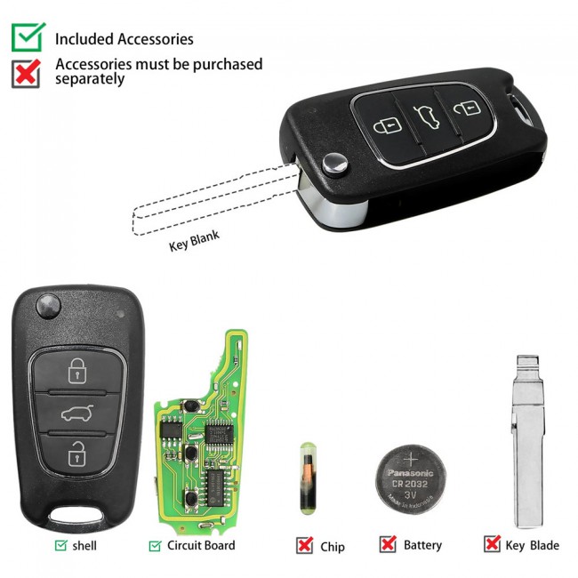 Xhorse XNHY02EN Wireless Flip Remote Key 3 Buttons KIA Hyundai Type 10pcs/lot