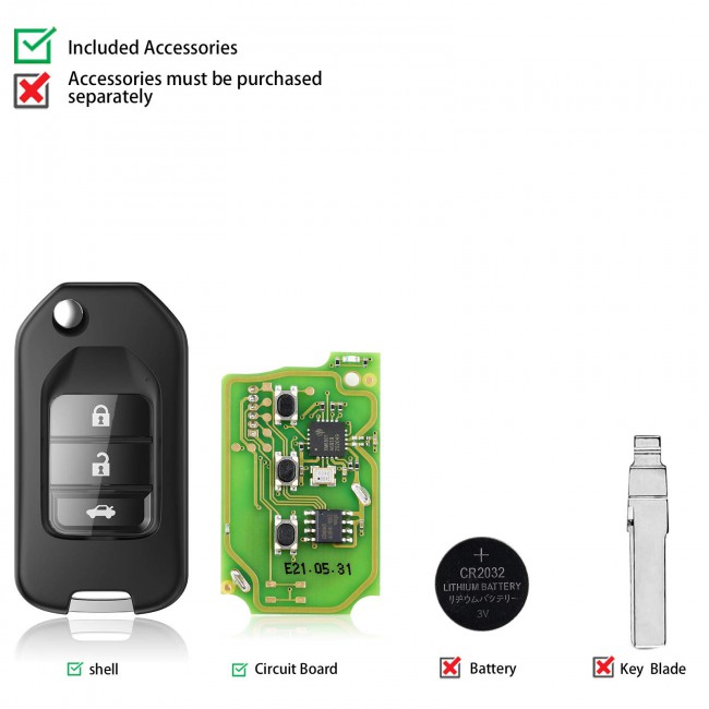 XHORSE VVDI2 XKHO00EN Honda Type Wire Universal Remote Key 3 Buttons (Individually Packaged) 5pcs X004 Remote